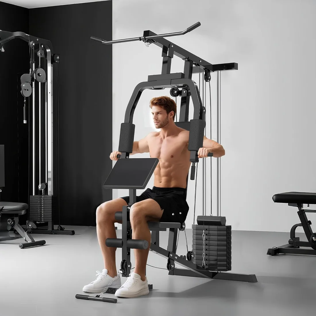 HOMCOM Máquina Multifunción Musculación con Poleas 148x108x207 cm Negro | Estribo para Piernas, Placas de Peso de 45 kg, para Entrenamiento Fitness en Hogar Gimnasio, Máquina Multifunción foto 2