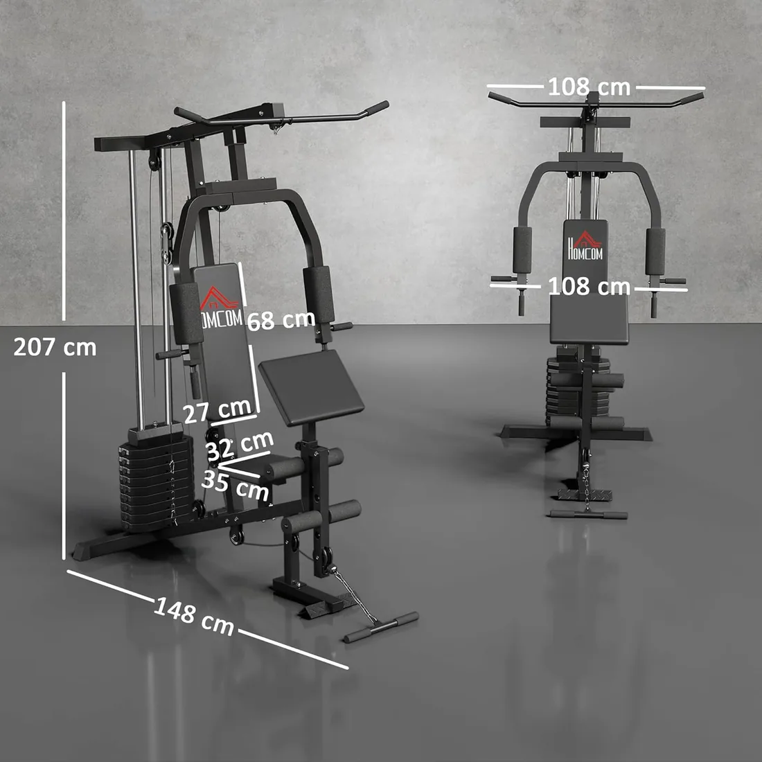 HOMCOM Máquina Multifunción Musculación con Poleas 148x108x207 cm Negro | Estribo para Piernas, Placas de Peso de 45 kg, para Entrenamiento Fitness en Hogar Gimnasio, Máquina Multifunción foto 3