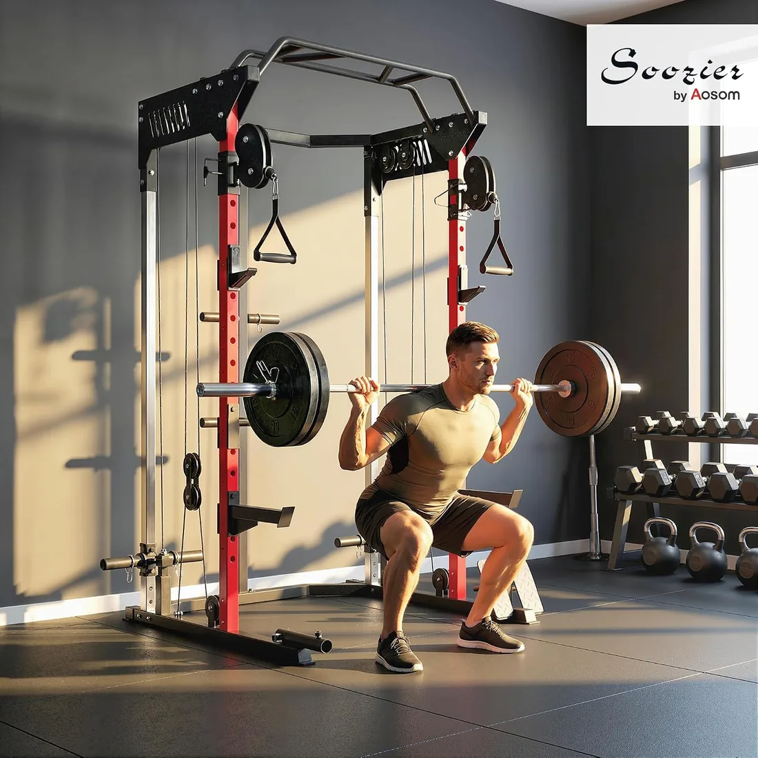 SPORTNOW Jaula de Potencia Musculación con Sistema de Poleas Ajustable | Rack para Sentadillas con Barra de Dominadas, Estación de Fondos, Soporte Barra, para Casa en Gimnasio, Carga 900 kg foto 2