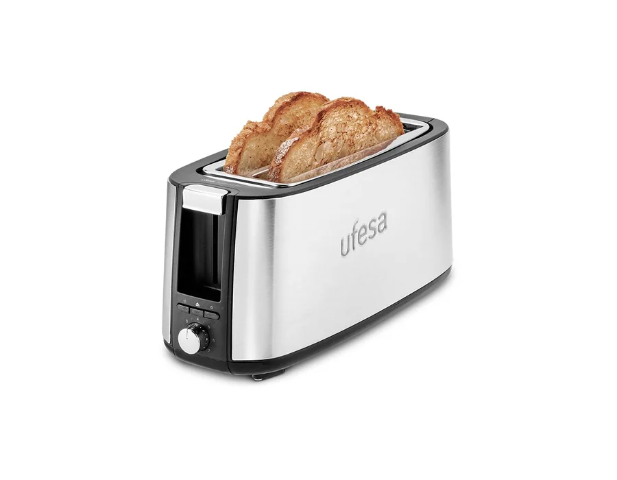 Ufesa Tostadora Toastie Duo Plus 1400W de Acero Inoxidable, 2 Ranuras Largas, 7 Niveles de Potencia, Funciones Recalentar/Descongelar/Cancelar y Bandeja Recogemigas Extraíble