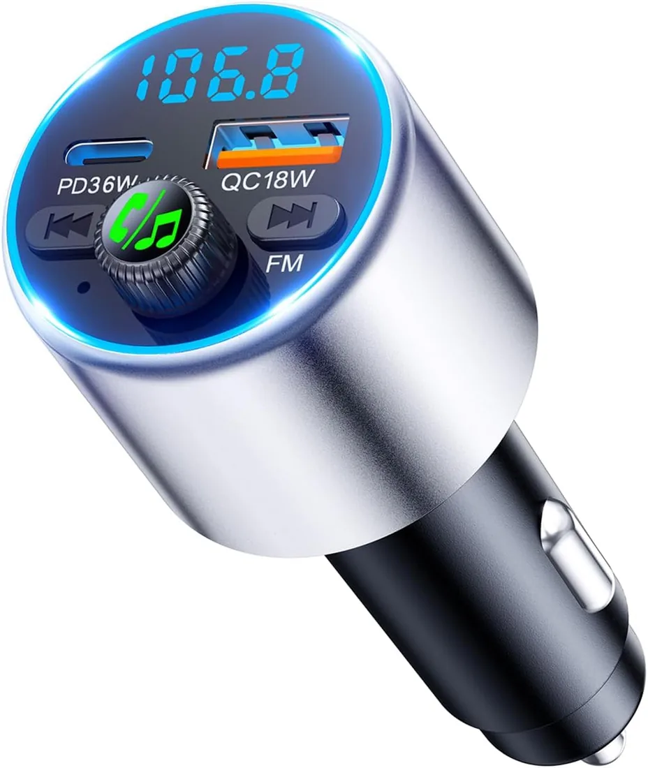 EOIWUY Transmisor FM Bluetooth Coche 5.3, Adaptador Bluetooth Manos Libres | Cargador Mechero Coche Carga Rápida, con Potente PD36W & QC3.0, Sonido HiFi Cristalino, Vehículos Musica Conector