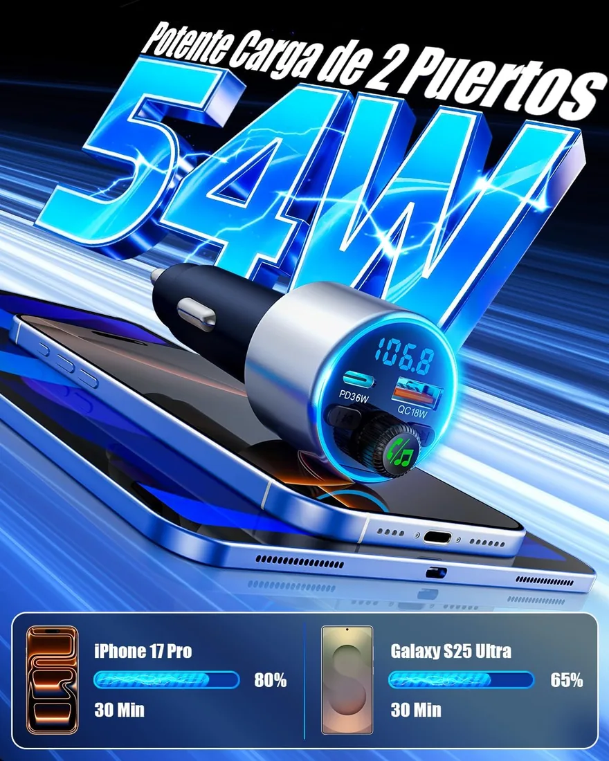 EOIWUY Transmisor FM Bluetooth Coche 5.3, Adaptador Bluetooth Manos Libres | Cargador Mechero Coche Carga Rápida, con Potente PD36W & QC3.0, Sonido HiFi Cristalino, Vehículos Musica Conector foto 2
