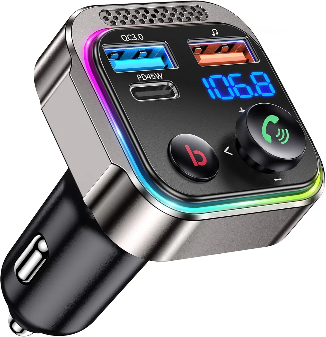 GizmoVine Bluetooth Coche, Transmisor FM Bluetooth 5.4 para Coche, 63W PD | 45W & 18W Doble USB Cargador Adaptador Receptor de Radio Inalámbrico, Pantalla LED, Llamadas Manos Libres Aleación De Zinc