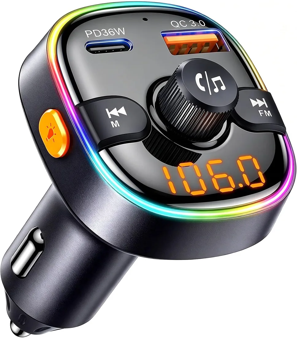 GizmoVine Transmisor FM Bluetooth del Coche 2-PD 36W y USB-A multiprotocolo TF (WMA/MP3/WAV/APE/FLAC), iluminación RGB de 7 Colores con Interruptor, protección de 4 vías, 12V/24V foto 2