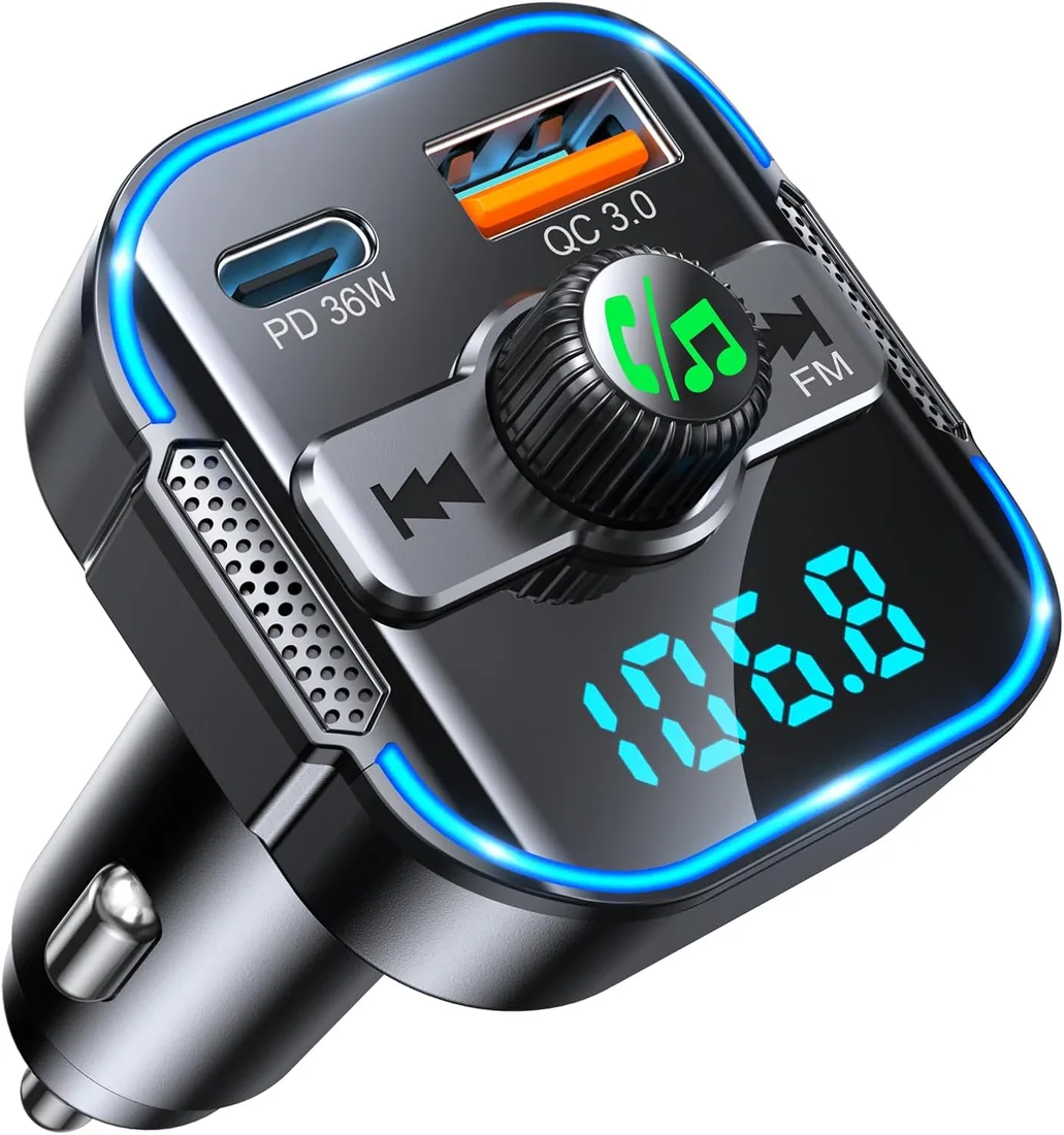 Glangeh 2026 Transmisor FM Bluetooth Coche 5.3【PD 36W + QC 18W】, 2 en 1 【Micrófonos Duales】 Receptor Bluetooth y Cargador Rápido, Kit Manos Libres Coche, Asistente Siri/Musica