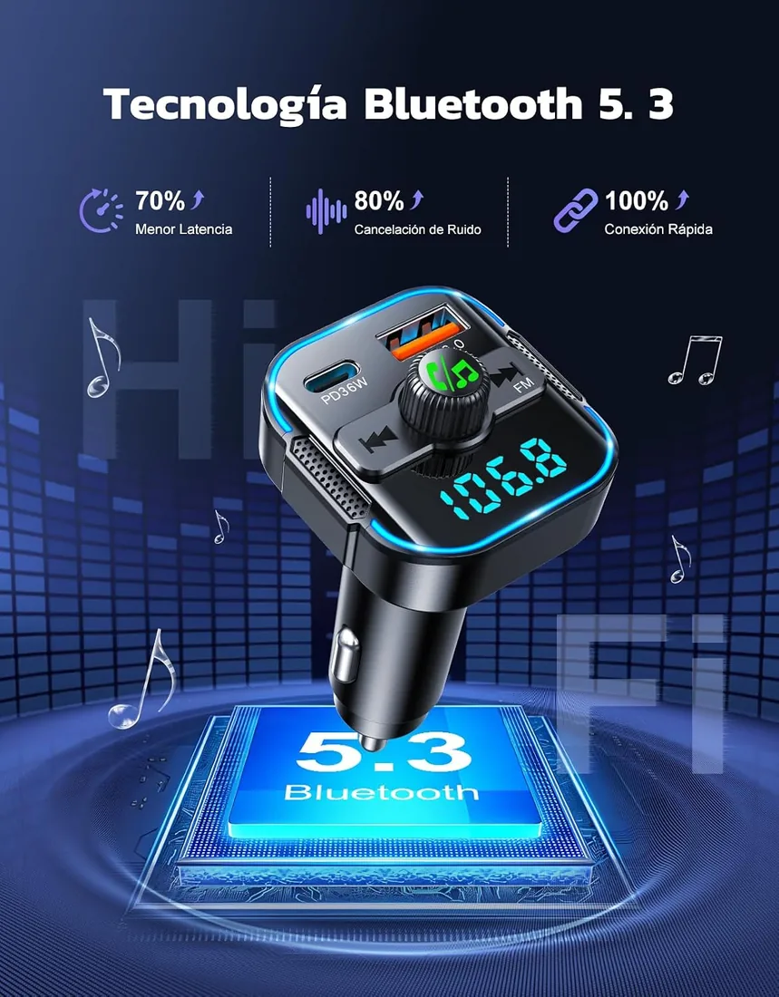 Glangeh 2026 Transmisor FM Bluetooth Coche 5.3【PD 36W + QC 18W】, 2 en 1 【Micrófonos Duales】 Receptor Bluetooth y Cargador Rápido, Kit Manos Libres Coche, Asistente Siri/Musica foto 3