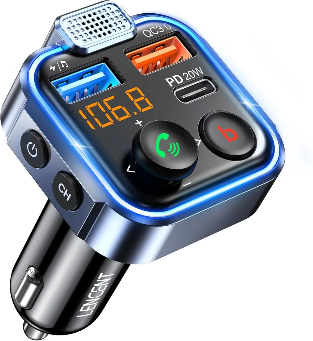 LENCENT Transmisor FM Bluetooth 5.3,Manos Libres Reproductor Música Coche | Deep Bass Sonido Hi-Fi, Adaptador Radio Bluetooth 2 USB+Tipo C 20W Carga Rápida, Soporte Memoria USB foto 2