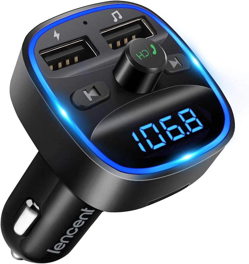 LENCENT Transmisor FM Bluetooth para Coche, Manos Libres Inalámbrico | Reproductor MP3 Coche, Adaptador de Radio con Dual USB 5V/2.4A & 1A, Soporte Tarjetas SD, USB y Flash Drive