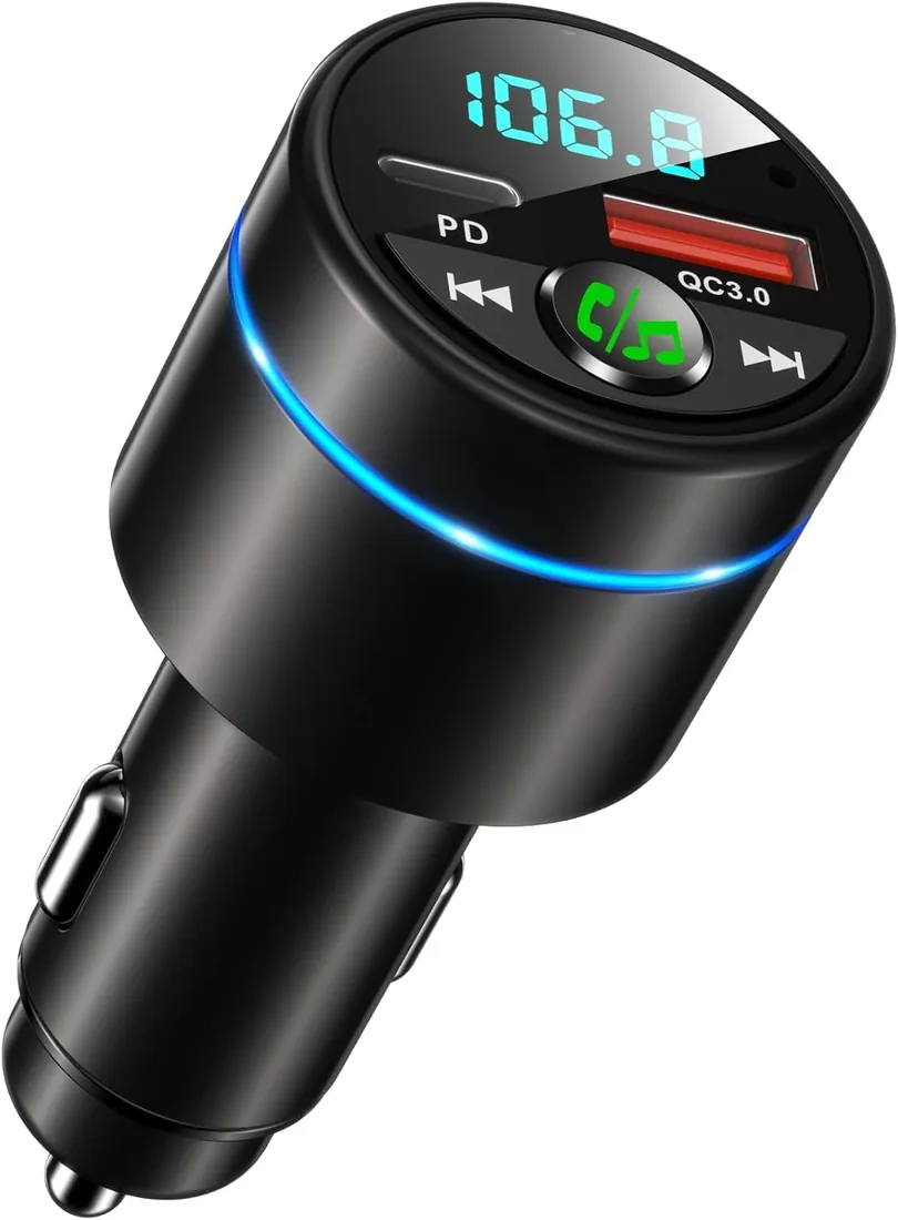 Mohard Transmisor FM Bluetooth Coche 5.3, [Todo Metal] PD 30W+QC3.0 18W | Cargador Coche Rápido, Manos Libres Receptor Música Bluetooth con Cancelación Ruido, con Anillo Luz & Música Alta Fidelidad