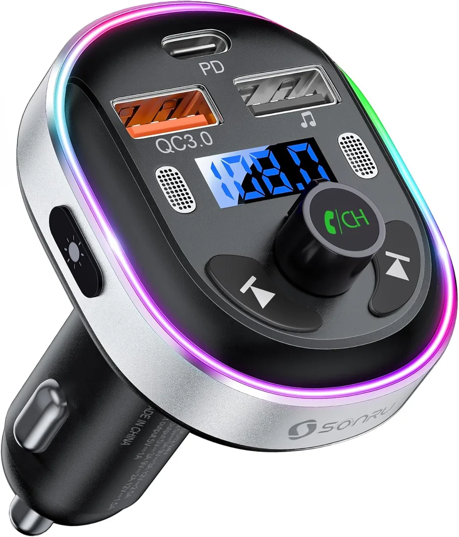 SONRU Transmisor FM Bluetooth 5.3 para Coche, Manos Libres Inalámbrico Reproductor MP3 Coche, QC3.0&PD 30W Tipo C Carga Rápida, Doble Mics+Carcasa de Metal, Soporte USB y Flash Drive