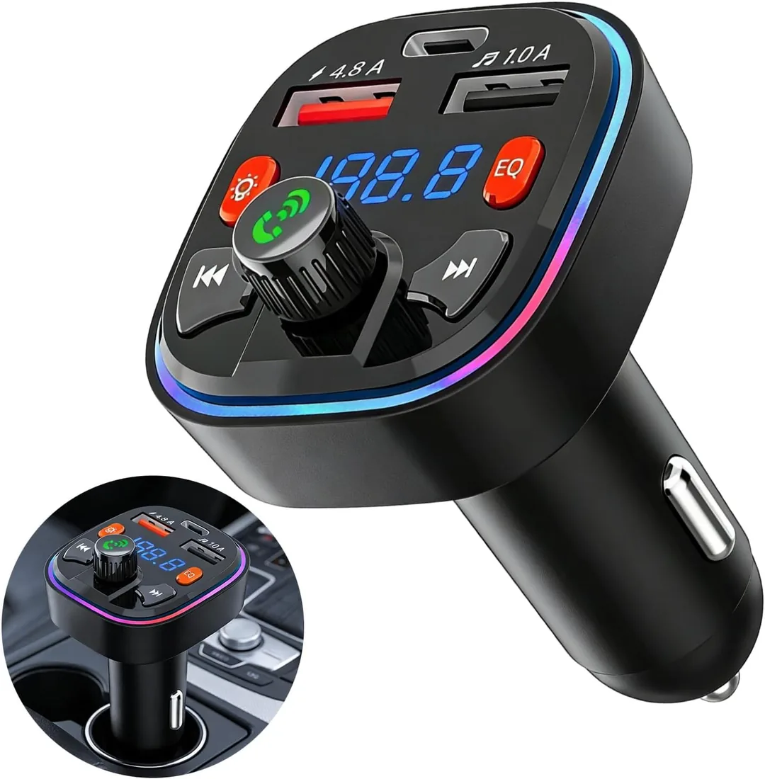 Transmisor FM Bluetooth Coche, Bluetooth 5.0 Accesorios Coche | Adaptador de Radio,Compatibilidad con 2 USB + Tipo C,Llamadas Manos Libres