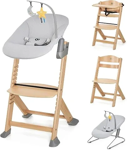 Kinderkraft ENOCK Trona bebé de Madera + Hamaca Bebé CALMEE, portatil, para niños, Silla alta Infantil, Evolutiva, Ergonómica, Barrera y Bandeja, Gris