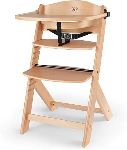 Kinderkraft ENOCK Trona bebé de Madera, Infantil, Portatil, para niños, Evolutiva silla alta, Ergonómica, Con accesorios, Barrera y Bandeja, Madera natural
