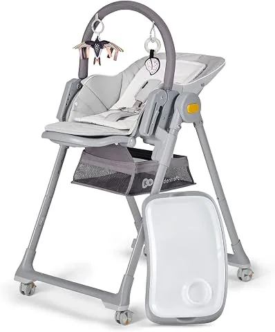 Kinderkraft LASTREE Trona Bebé de madera evolutiva plegable, Hamaca para bebés con Arco 2 juguetes, Asiento reposapiés ajustable, Posición tumbada, Gris foto 2