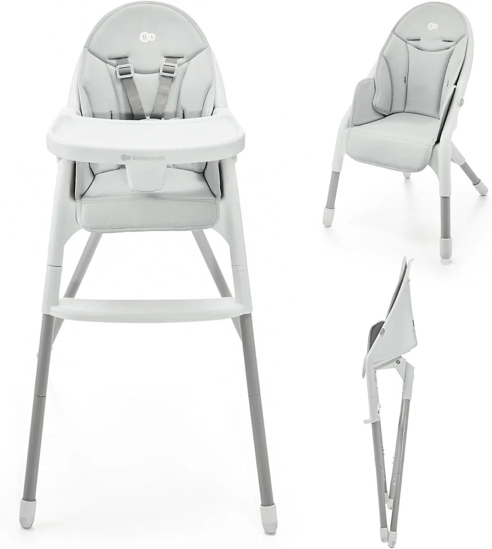 Kinderkraft DINNLY Trona bebé, Silla Infantil, Trona portatil, Tronas de bebé baratas, Bandeja Ajustable, Fácil de limpiar, para niños, 20kg, Gris claro