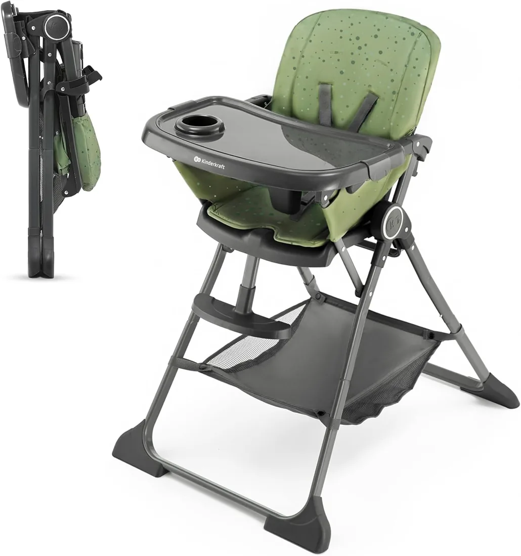 Kinderkraft FOLDEE Trona Bebé, ergonómica, cómoda, reclinable, plegable, reposapiés ajustable, bandeja doble desmontable, para niños pequeños, de 6 meses a 3 años, Verde