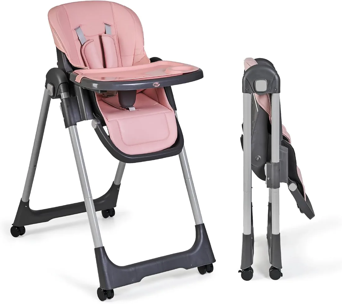 Ms BabyWorld - Trona Para Bebe Evolutiva Tasty | 7 Posiciones De Altura y 3 De Reclinación | Bandeja Extraíble y Reposapiés Regulable | Portatil, Plegable, Hasta 3 años (Rosa)