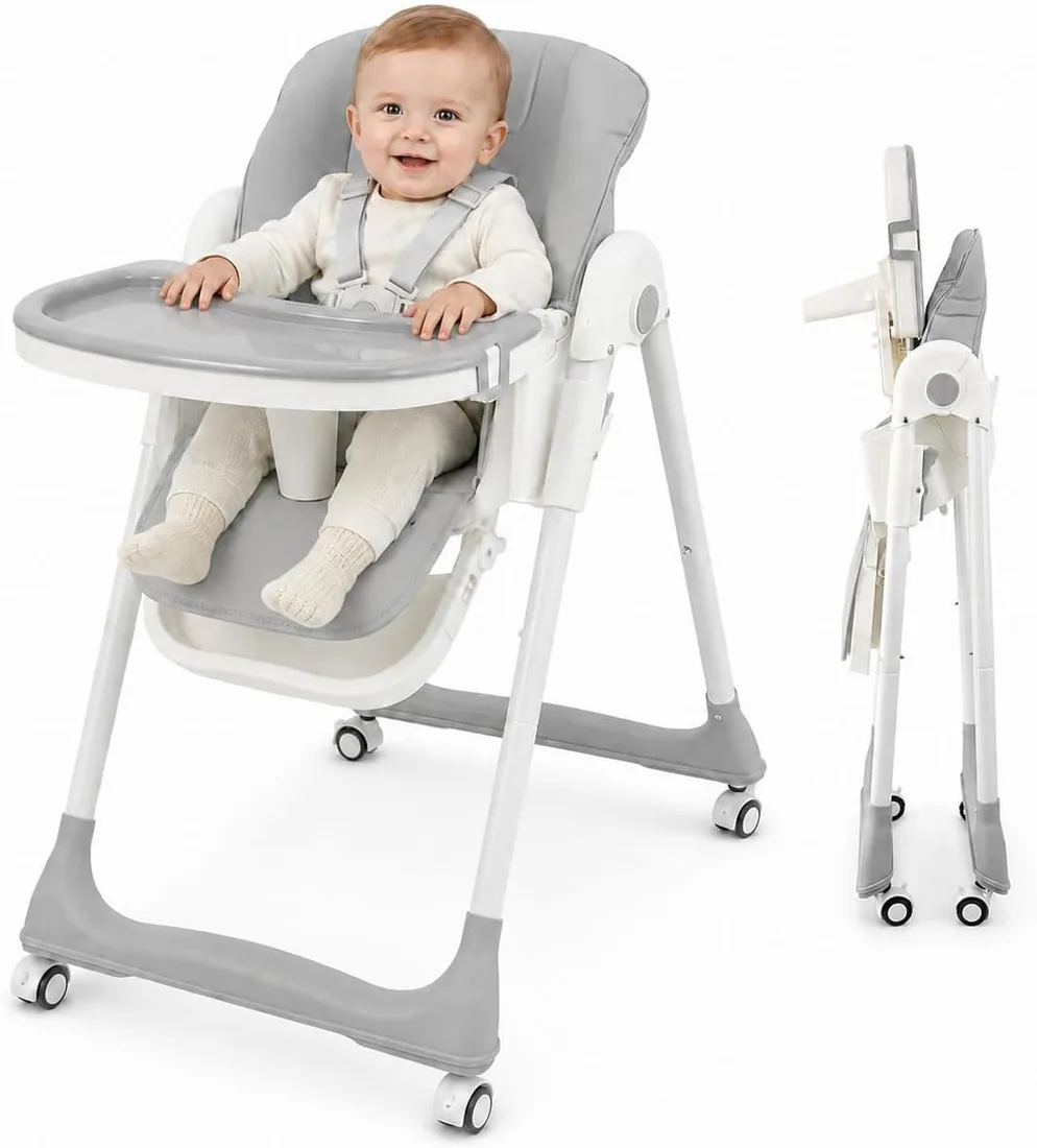 Trona Evolutiva Bebé Portátil Gris Silla Comer Reclinable - Espreguiçadeira | Hasta 50 kg - Altura y reclinado ajustables - Reposapiés elevable - Arnés de 5 puntos - Plegado compacto