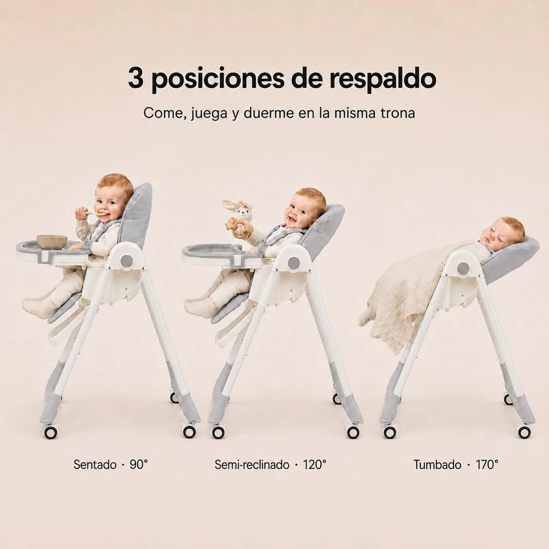 Trona Evolutiva Bebé Portátil Gris Silla Comer Reclinable - Espreguiçadeira | Hasta 50 kg - Altura y reclinado ajustables - Reposapiés elevable - Arnés de 5 puntos - Plegado compacto foto 2