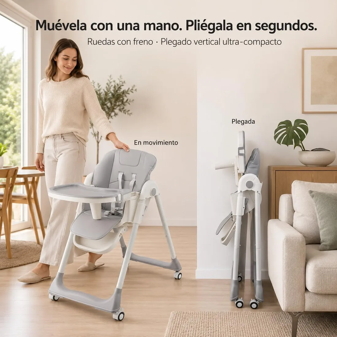Trona Evolutiva Bebé Portátil Gris Silla Comer Reclinable - Espreguiçadeira | Hasta 50 kg - Altura y reclinado ajustables - Reposapiés elevable - Arnés de 5 puntos - Plegado compacto foto 3