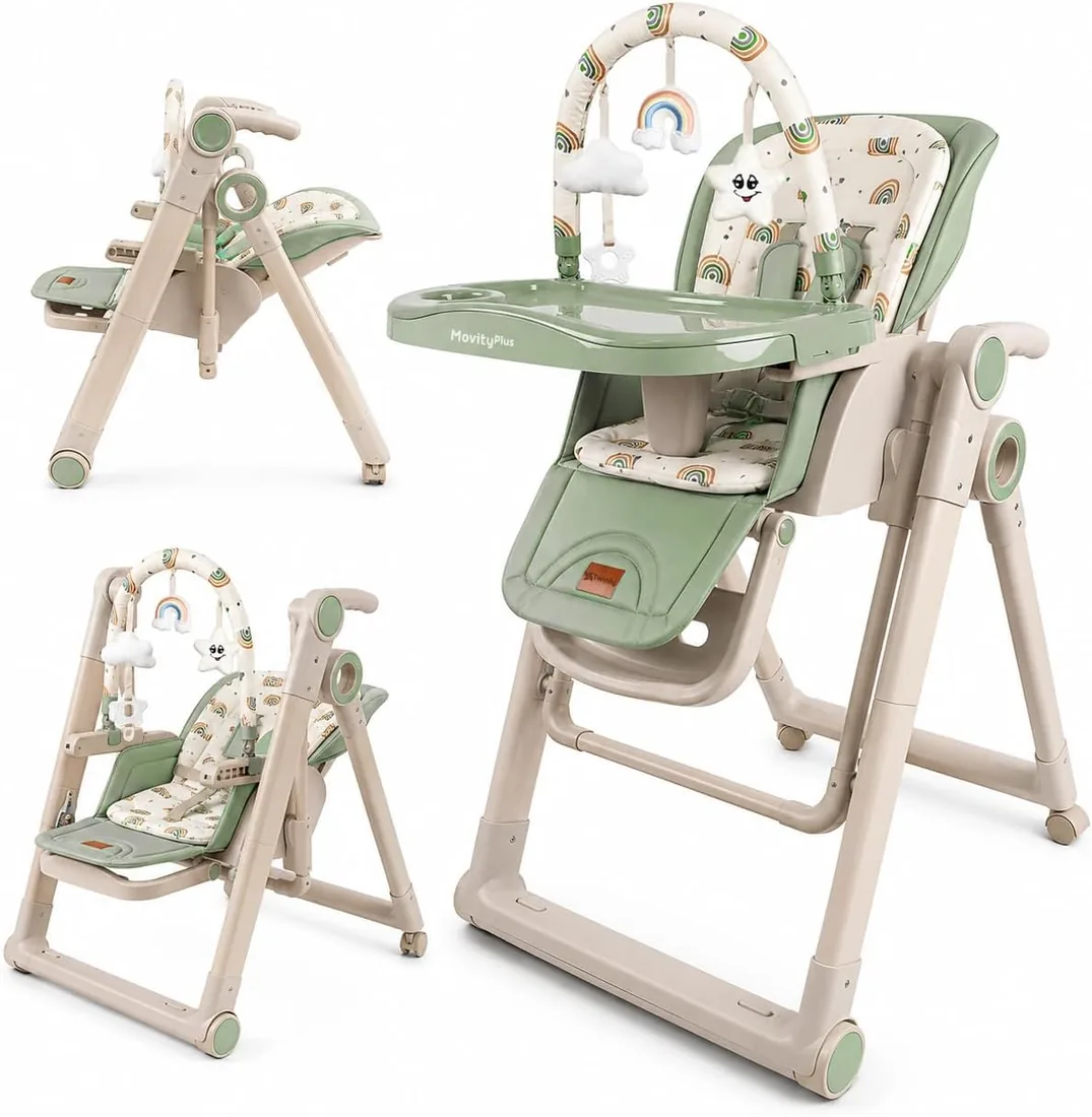 Twinly Movity Plus Trona Evolutiva Bebé 2 en 1 con Hamaca Balancín, Verde | Plegable, Ruedas con Bloqueo, Altura Ajustable, Arnés de 5 Puntos, Hasta 15 kg