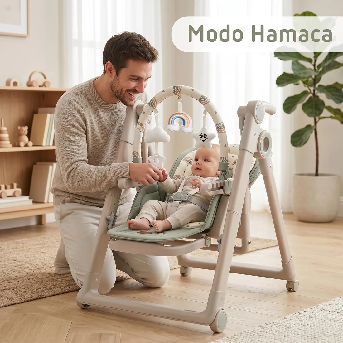 Twinly Movity Plus Trona Evolutiva Bebé 2 en 1 con Hamaca Balancín, Verde | Plegable, Ruedas con Bloqueo, Altura Ajustable, Arnés de 5 Puntos, Hasta 15 kg foto 3