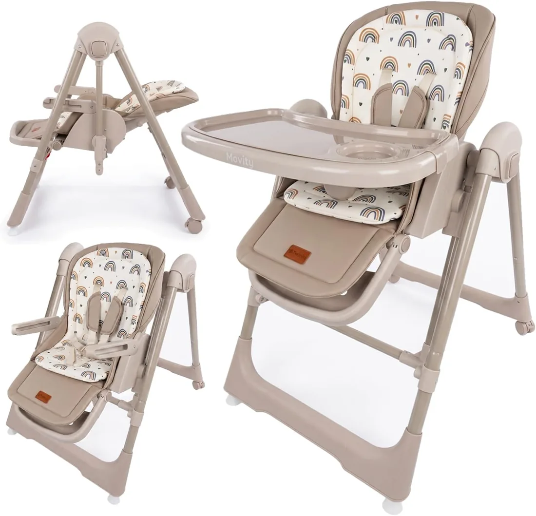 Twinly Movity Trona Bebé Evolutiva 2 en 1, Hamaca y Columpio, Beige | Plegable, Reclinable, Arnés de 5 Puntos, De 6m a 15 kg