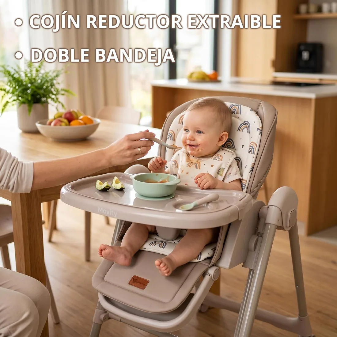 Twinly Movity Trona Bebé Evolutiva 2 en 1, Hamaca y Columpio, Beige | Plegable, Reclinable, Arnés de 5 Puntos, De 6m a 15 kg foto 2
