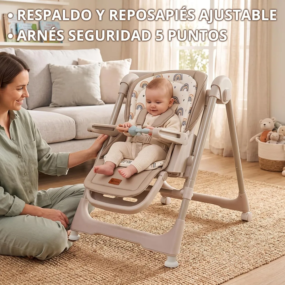 Twinly Movity Trona Bebé Evolutiva 2 en 1, Hamaca y Columpio, Beige | Plegable, Reclinable, Arnés de 5 Puntos, De 6m a 15 kg foto 3
