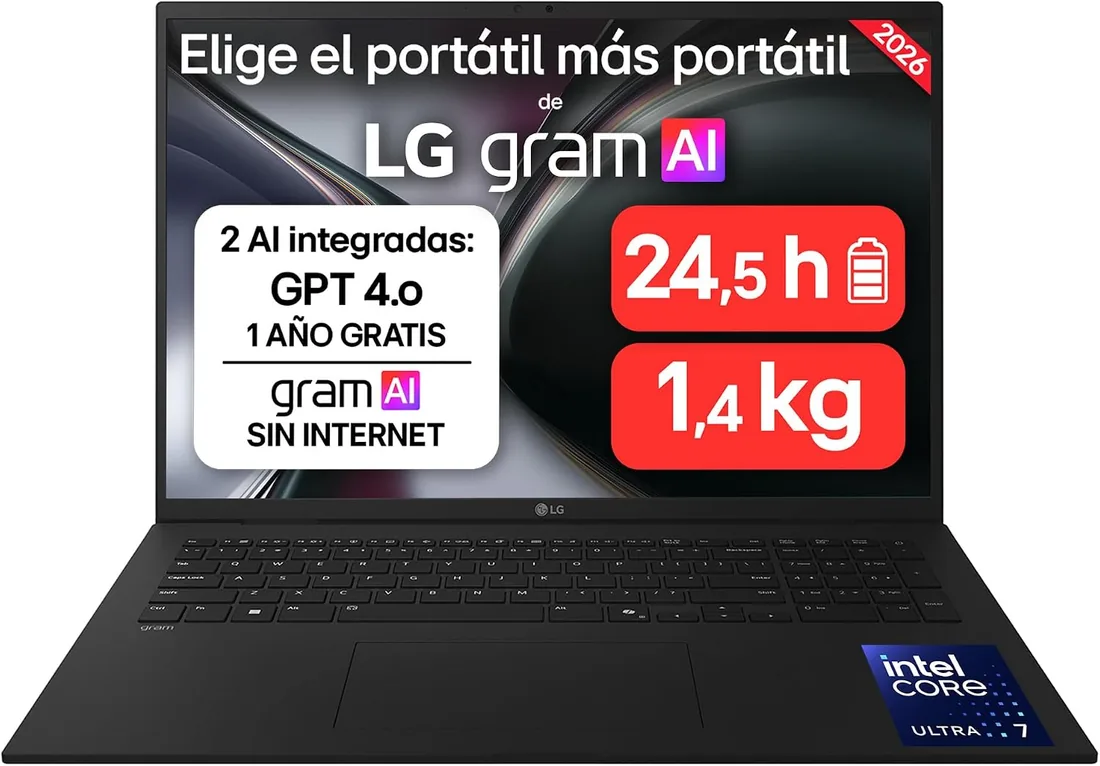 LG gram 17ZD90TL-G.AX85BN - Ordenador Portátil Ultraligero de 17" Intel Core Ultra 7 258V, 32 GB RAM, 512 GB SSD, IPS Antirreflejo, 1389g, 24.5h, FreeOS, Teclado QWERTY Español, Negro Carbón