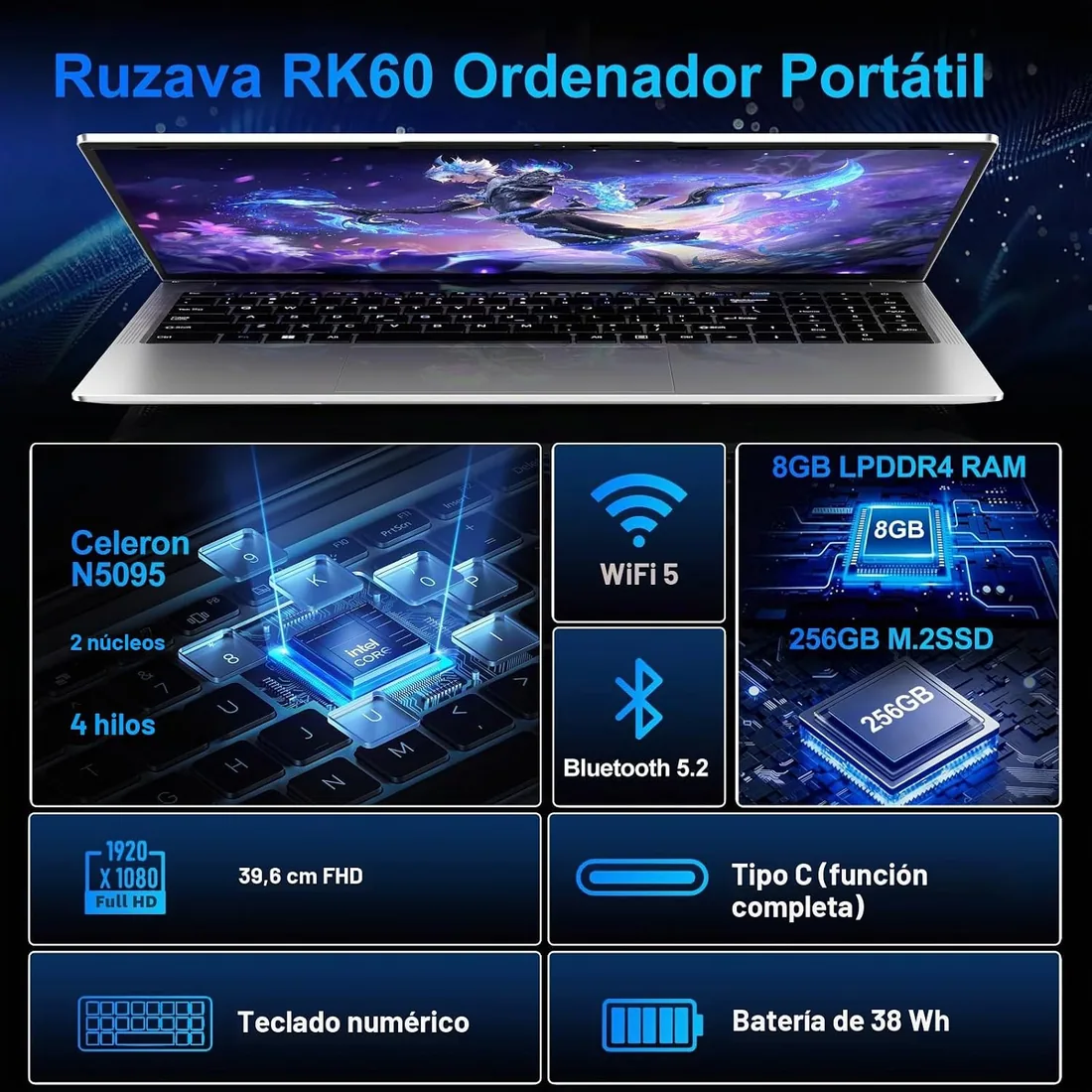 Ordenador Portátil 15,6 Pulgadas Celeron N5095 2,9 GHz Win11 Pro 8GB 256GB SSD Expansión 1TB 5G WiFi 1080 FHD BT4.2 HDMl USB 3.0 Portatil con Ratón Inalámbrico y Teclado Español Membrana - Sliver-2 foto 2