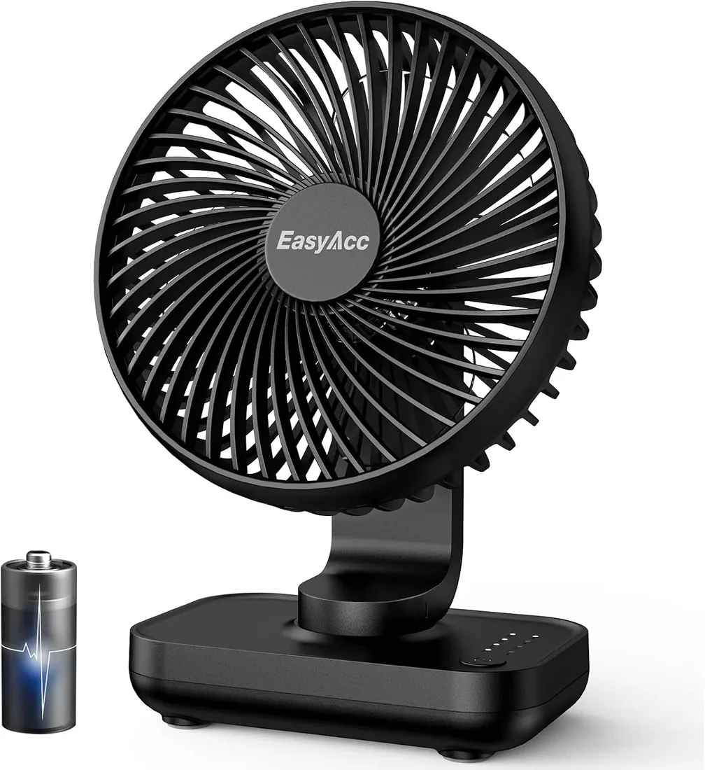 EasyAcc Ventilador de Mesa USB, 4000mAh Recargable Silencioso Ventiladores, Potente con 4 Velocidades, Mini Base Carga Rápida, Ventilador Portátil para Hogar, Oficina, Dormitorio, Exteriores, Negro