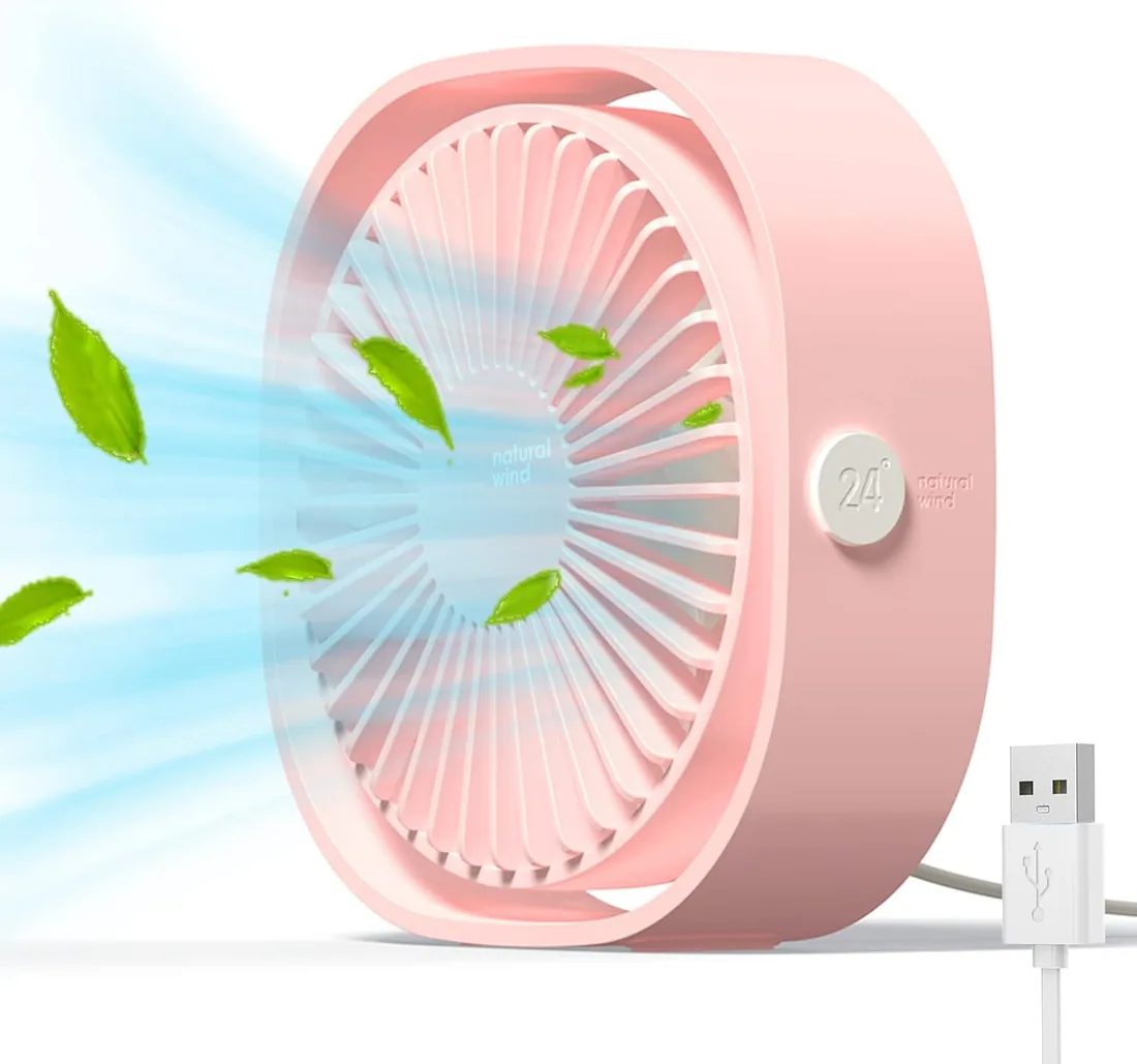 Simpeak Ventilador Mini USB Silencioso de 3 Velocidades Mini Fan, 360 Grados Rotation Portátilpara Biblioteca, Oficina, Camping, Picnic, Excursiones(Rosa)