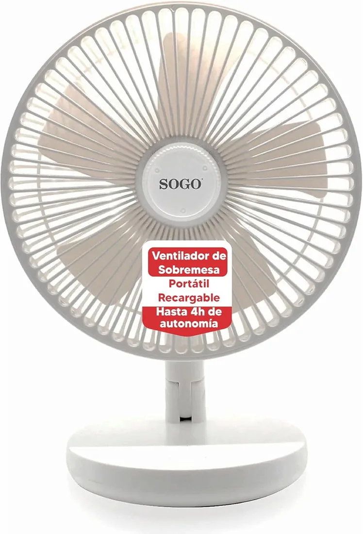 SOGO Ventilador de Sobremesa Portátil Recargable 8 Pulgadas Silencioso con Batería para Uso Sin Cables - Ventilador USB con 3 Velocidades y Carga Rápida - Ventilador Compacto con LED y Autonomía 4H