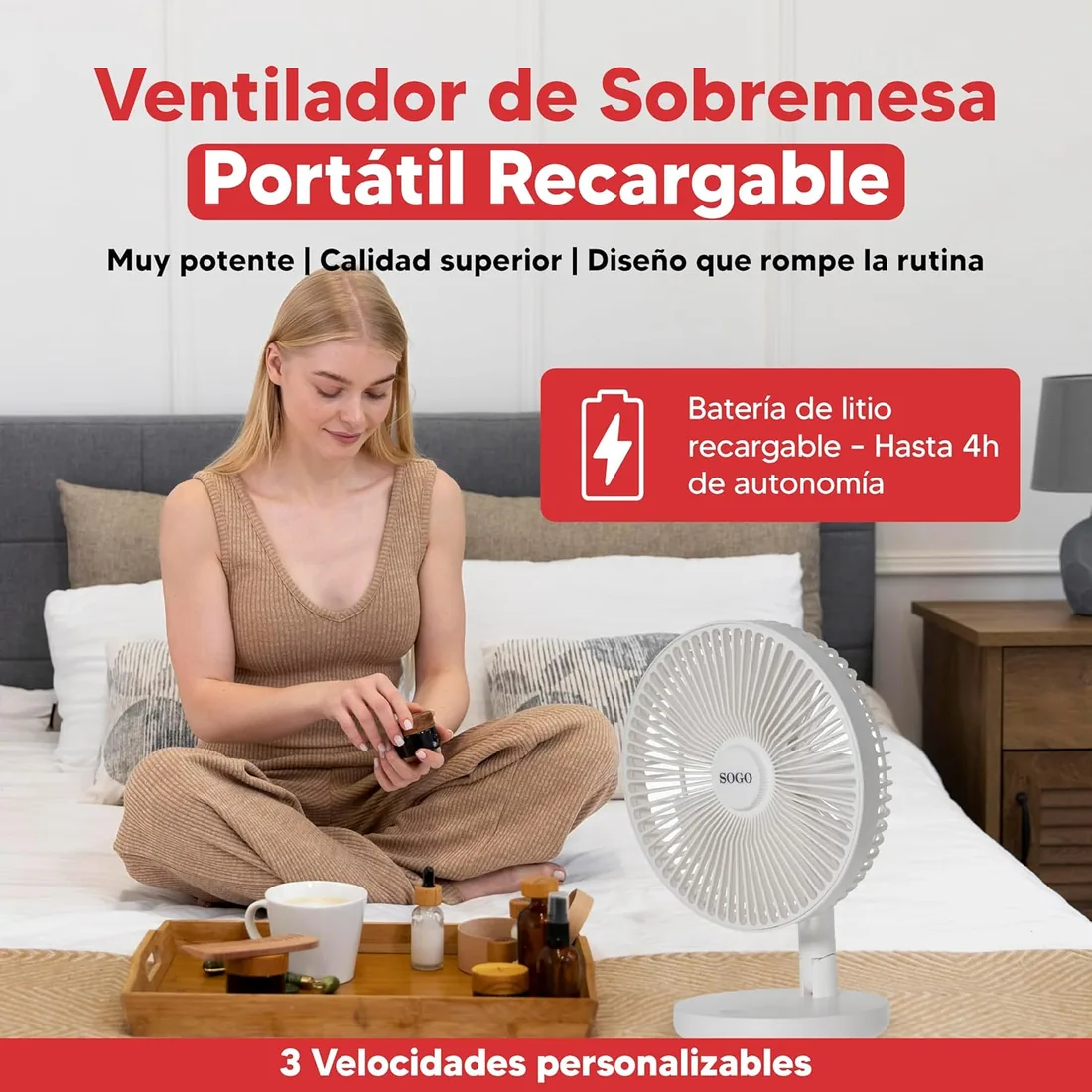 SOGO Ventilador de Sobremesa Portátil Recargable 8 Pulgadas Silencioso con Batería para Uso Sin Cables - Ventilador USB con 3 Velocidades y Carga Rápida - Ventilador Compacto con LED y Autonomía 4H foto 2