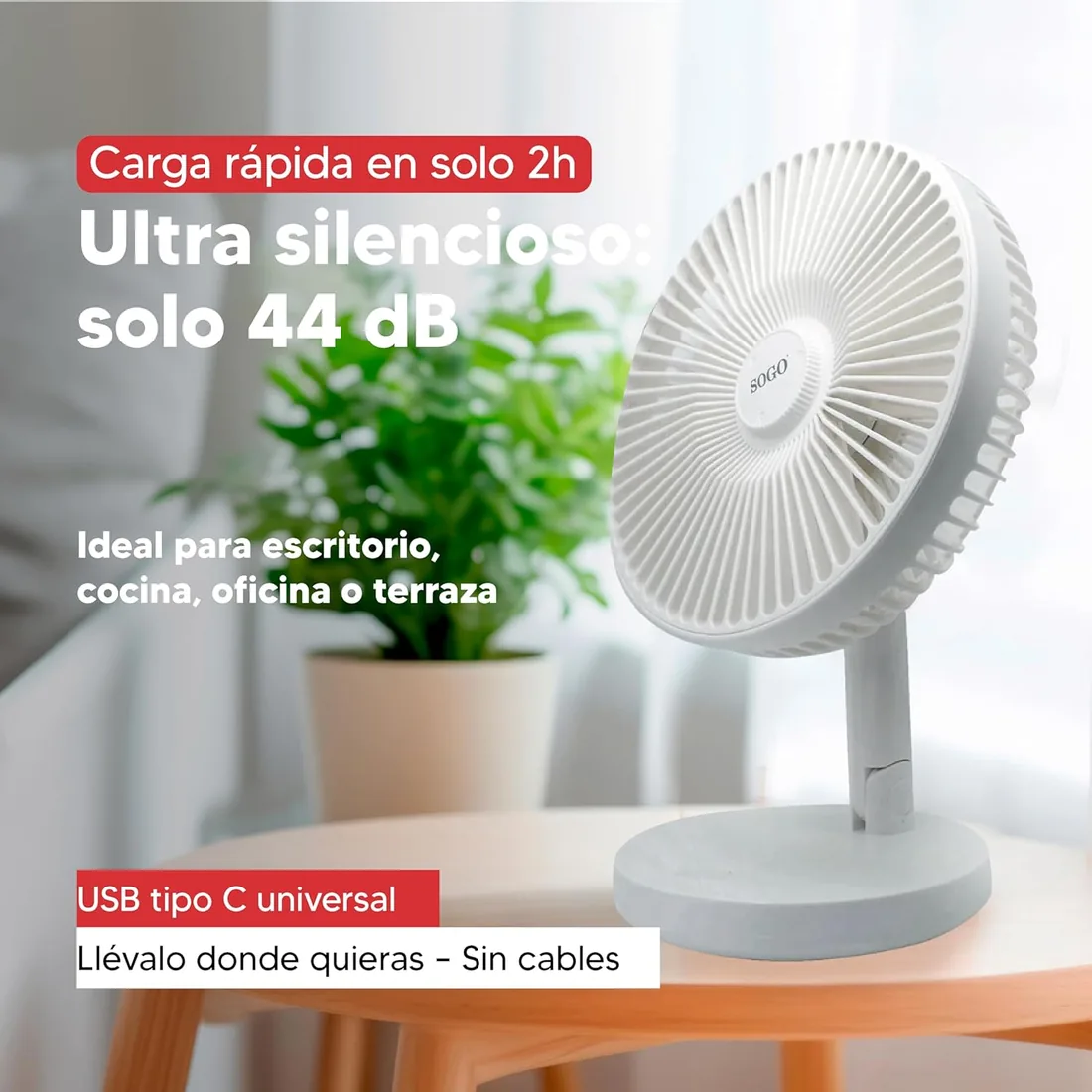 SOGO Ventilador de Sobremesa Portátil Recargable 8 Pulgadas Silencioso con Batería para Uso Sin Cables - Ventilador USB con 3 Velocidades y Carga Rápida - Ventilador Compacto con LED y Autonomía 4H foto 3
