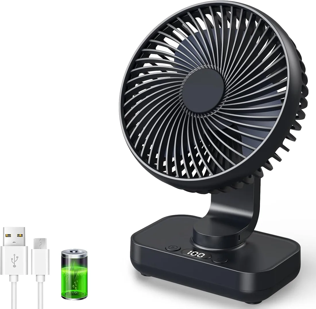 Ventilador de Mesa USB con Oscilación Automática, Batería 4500mAh Recargable, Silencioso, 4 Velocidades, Pantalla Digital, Carga Rápida, Portátil para Hogar, Oficina, Dormitorio, Exteriores