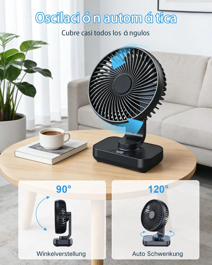 Ventilador de Mesa USB con Oscilación Automática, Batería 4500mAh Recargable, Silencioso, 4 Velocidades, Pantalla Digital, Carga Rápida, Portátil para Hogar, Oficina, Dormitorio, Exteriores foto 3