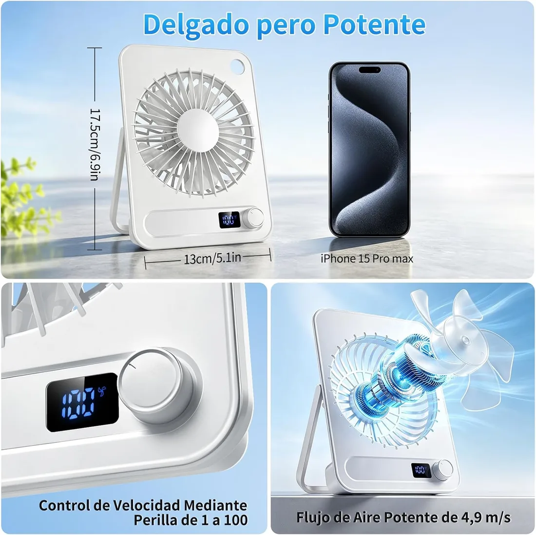 yAyusi Mini Ventilador de Sobremesa, 100 velocidades Ventilador Portátil Recargable, Silencioso, 180° Ajustable, Oscilante de Escritorio, Para Hogar, Cocina, Dormitorio, Oficina, Viajes, Blanco foto 2