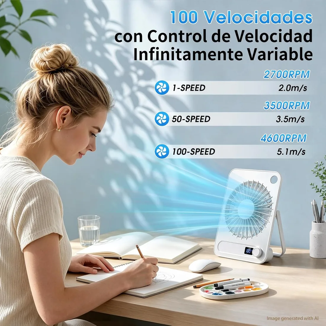 yAyusi Mini Ventilador de Sobremesa, 100 velocidades Ventilador Portátil Recargable, Silencioso, 180° Ajustable, Oscilante de Escritorio, Para Hogar, Cocina, Dormitorio, Oficina, Viajes, Blanco foto 3
