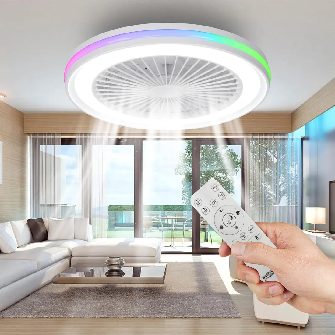 activeallbrite Ventilador de Techo con luz，Motor DC 20W LED 40W, RGB 3000K-6500K ，Velocidad del Viento ajustable con Control Remoto, Adecuado Para 10㎡-13㎡ Cocina, Sala de estar, Dormitorio，Ø47CM foto 2