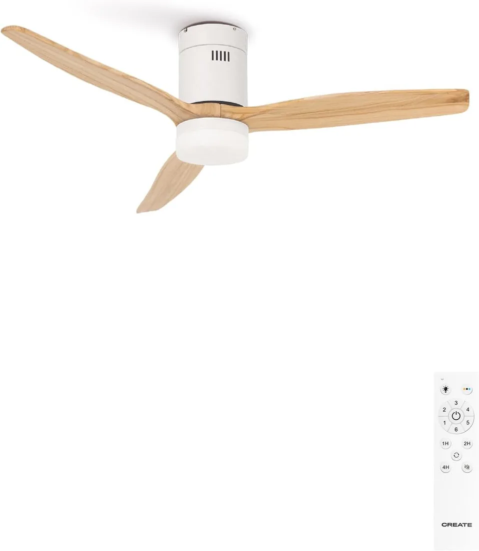CREATE/WINDCALM/Ventilador de techo ABS con luz blanco aspas efecto madera clara y mando / 40W, Silencioso, Ø132 cm, 6 velocidades, 3 temperaturas de luz, temporizador, función verano-invierno