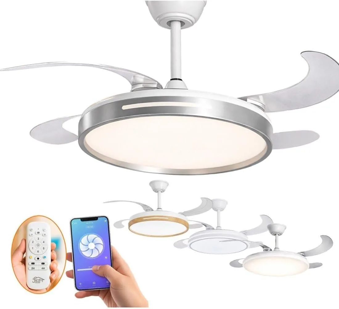 JARDIN202 - Ventilador de Techo con Aspas Retráctiles, Motor DC, Temporizador, Luz LED Regulable, Mando a Distancia, 6 Velocidades | 50 cm (Conil Wifi Plata)