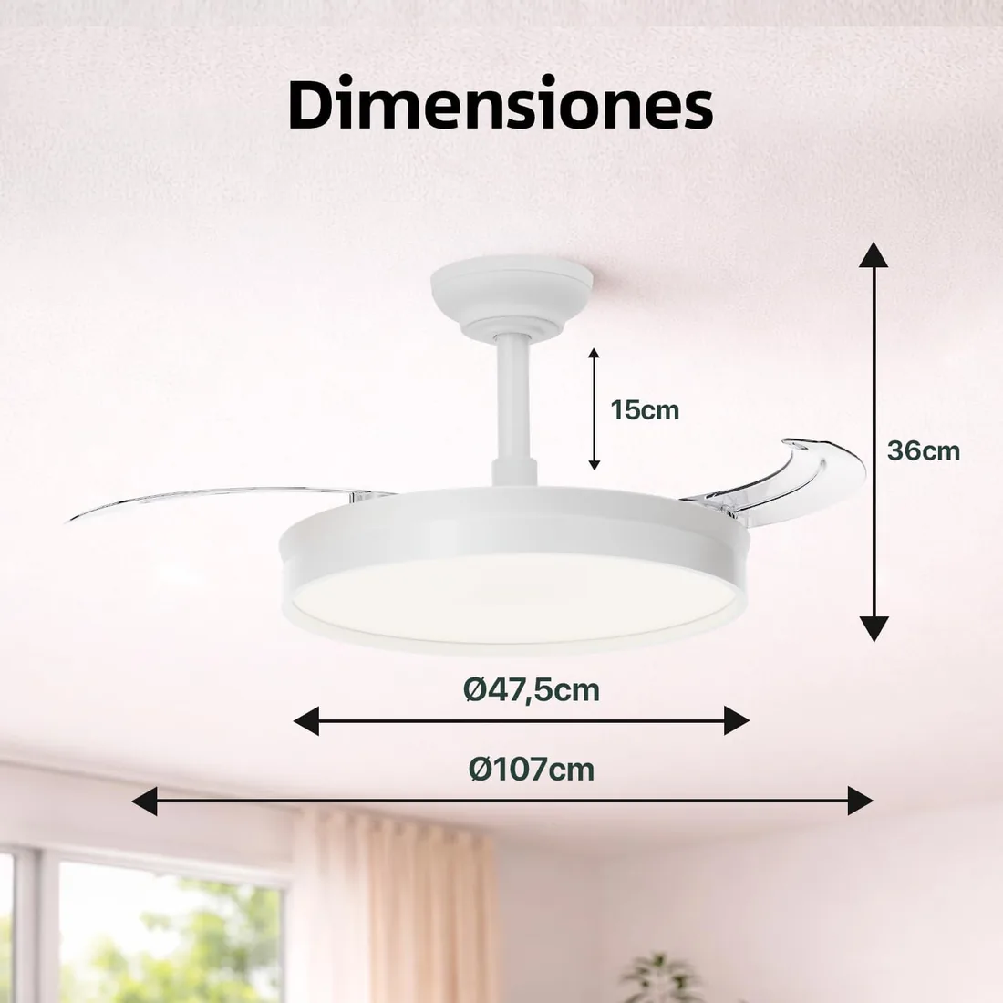 LEDUNI Ventilador de techo color Blanco 72W 7590lm,Aspas retráctiles | Motor DC 30W, Luz LED 42W Regulable en intensidad y color (tonalidad) Mando a distancia Controlador incorporado foto 2