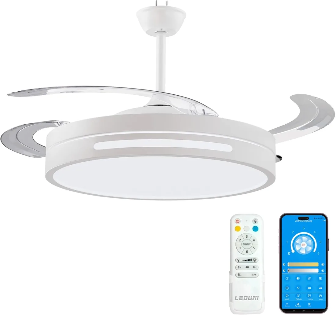 LEDUNI Ventilador de techo con luz con mando 3 aspas, Motor DC 30W+Luz LED,temporizador, 6 velocidades, aspas retráctiles, 3 temperaturas de luz, función verano-invierno Silencioso (Blanco, 50CM)