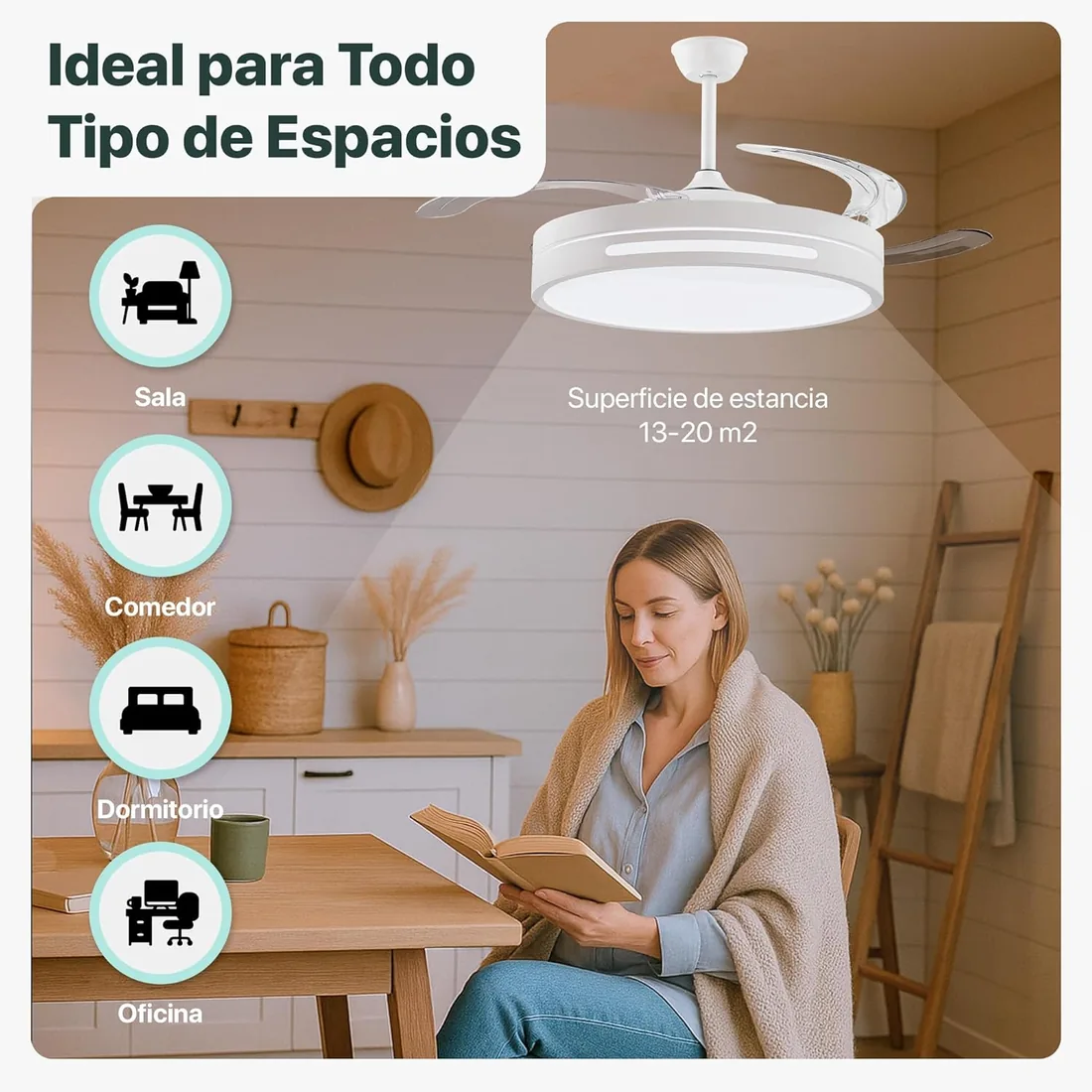 LEDUNI Ventilador de techo con luz con mando 3 aspas, Motor DC 30W+Luz LED,temporizador, 6 velocidades, aspas retráctiles, 3 temperaturas de luz, función verano-invierno Silencioso (Blanco, 50CM) foto 3
