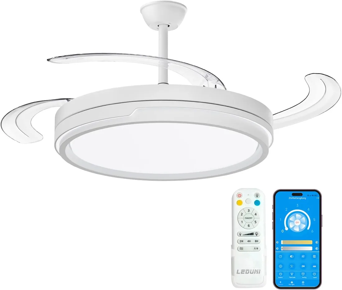 LEDUNI ® Ventilador techo con luz 66W con Mando a Distancia + App | Ventilador Invisible Ultra Silencioso y Palas Retráctiles Interiores Plafón lluminación función verano-invierno (Blanco)