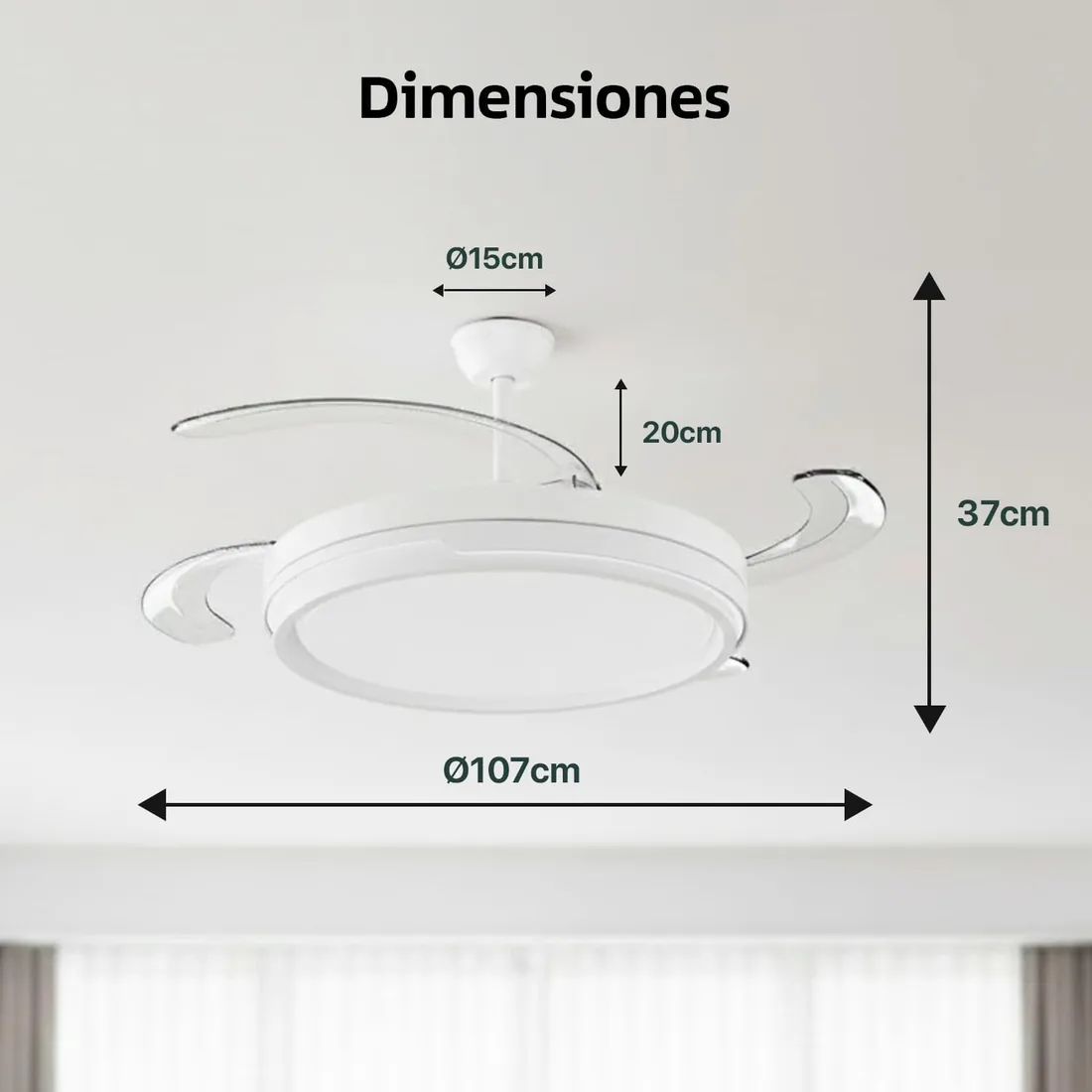 LEDUNI ® Ventilador techo con luz 66W con Mando a Distancia + App | Ventilador Invisible Ultra Silencioso y Palas Retráctiles Interiores Plafón lluminación función verano-invierno (Blanco) foto 2