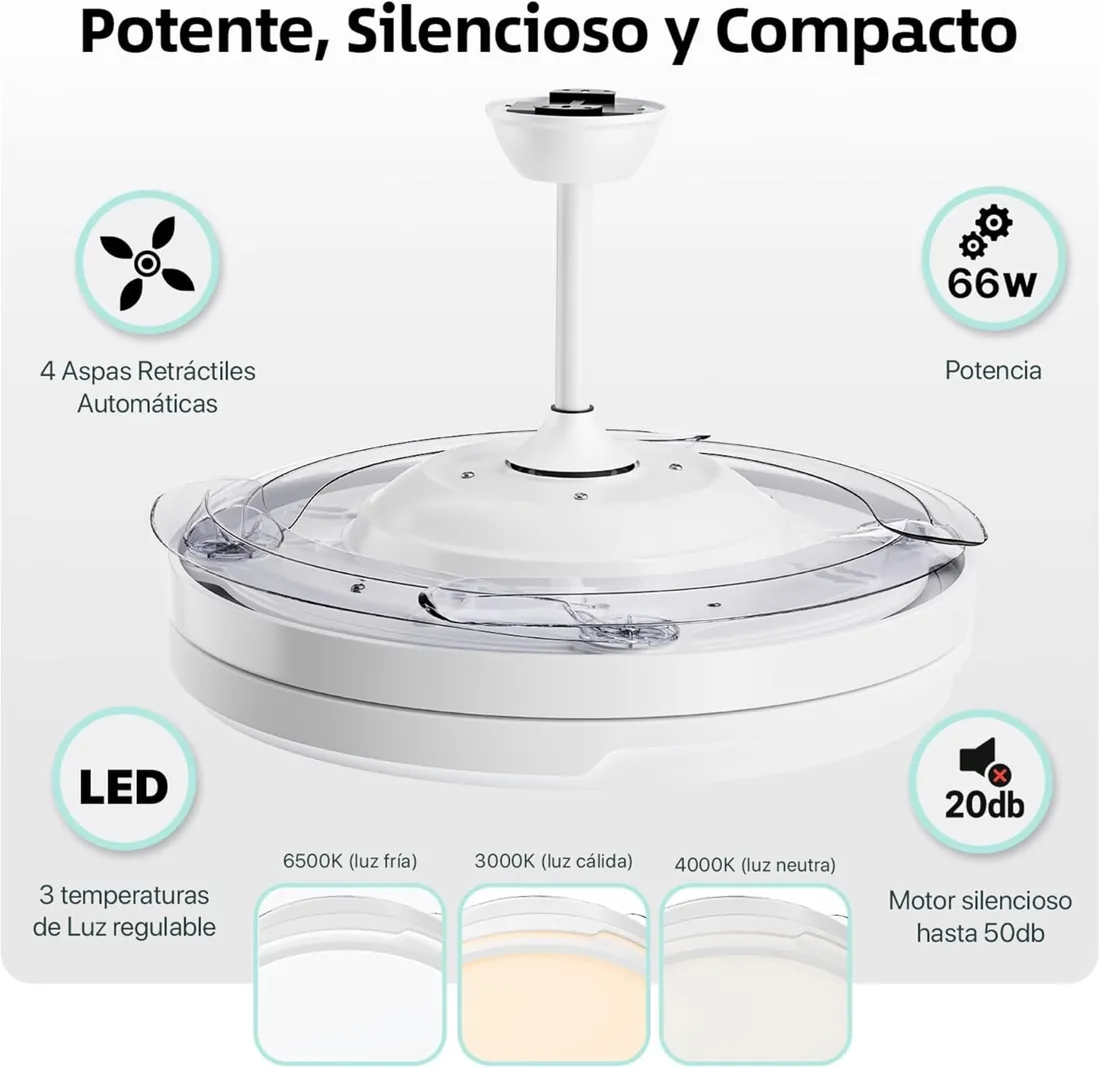 LEDUNI ® Ventilador techo con luz 66W con Mando a Distancia + App | Ventilador Invisible Ultra Silencioso y Palas Retráctiles Interiores Plafón lluminación función verano-invierno (Blanco) foto 3