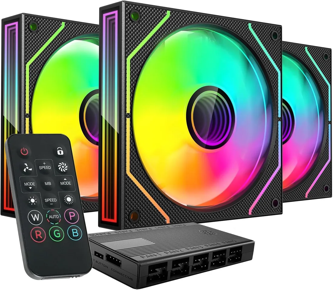 MARS GAMING MF-3DPROKIT, Kit 3x Ventiladores PWM 120mm, Iluminación ARGB Infinity Mirror 3D, Sistema Control PWM, Rodamientos FDB, Mando a Distancia y HUB, Compatibilidad Total ARGB, Negro